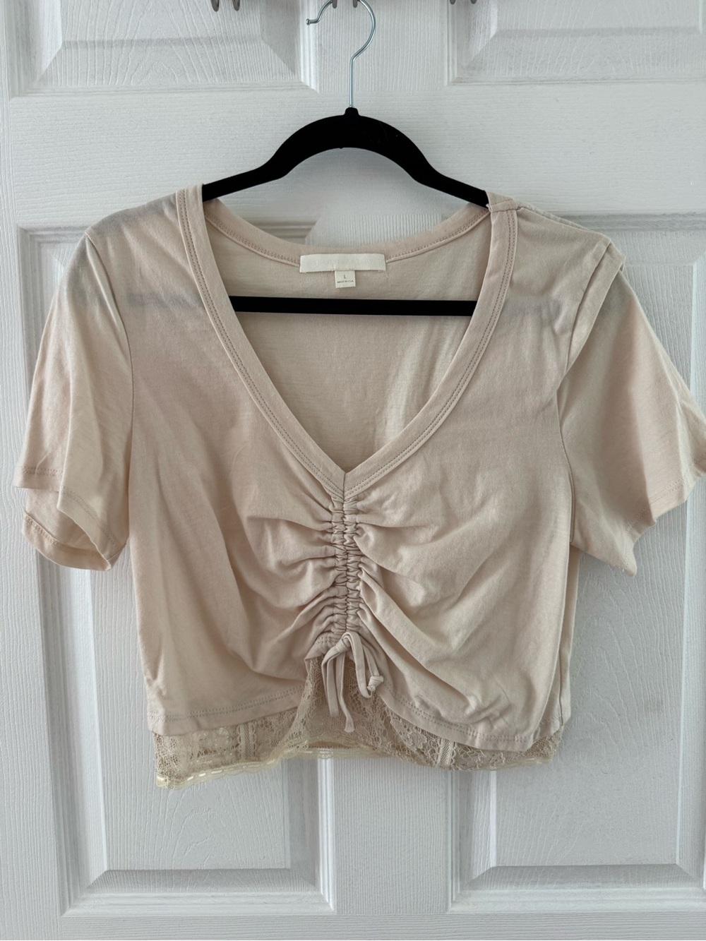 Jonathan Simkhai Cream Ruched V-Neck Lace-Trim Crop Top